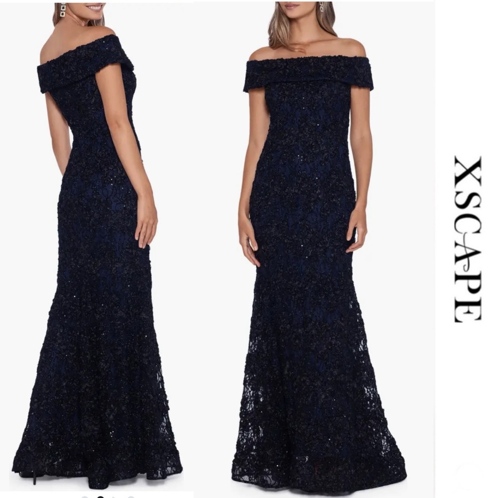 Xscape - Black / Navy Off the Shoulder Sequin Lace Trumpet Gown
